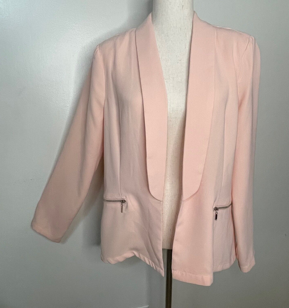 JUSTFAB Women's XL Blazer Jacket Open Front Lapel Collar Faux Pockets Blush PINK